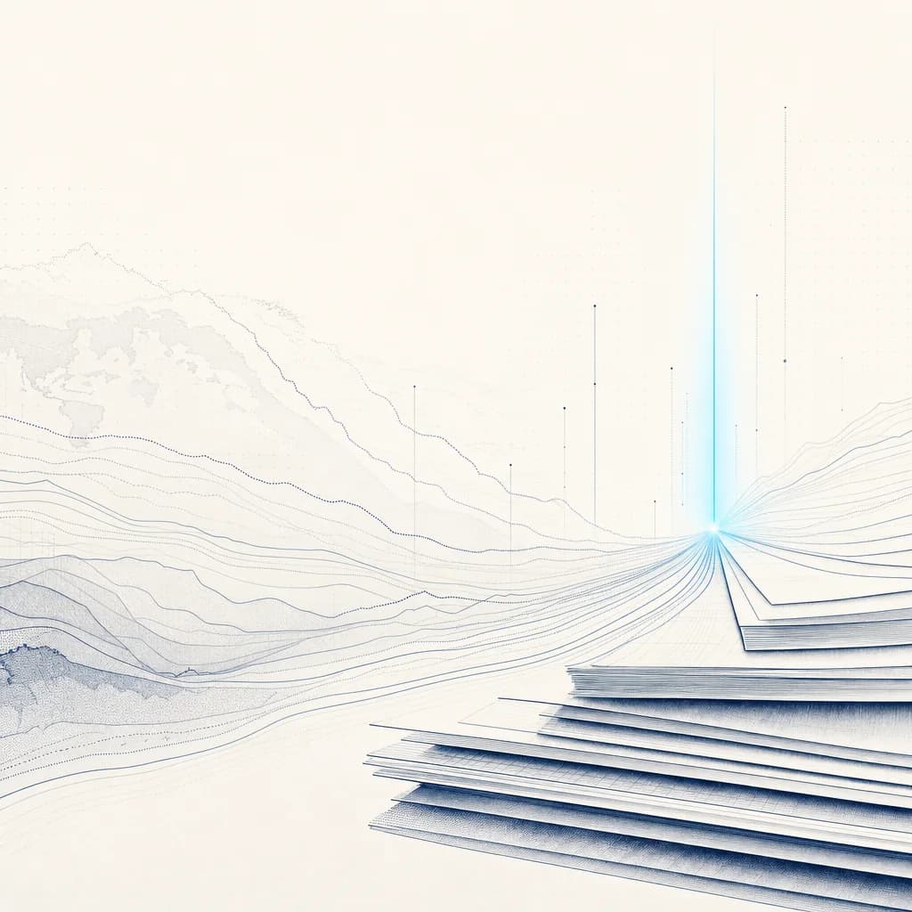 Abstract editorial illustration of twenty years of Thai company data layered like ledger strata, converging into a single bright point of intelligence.