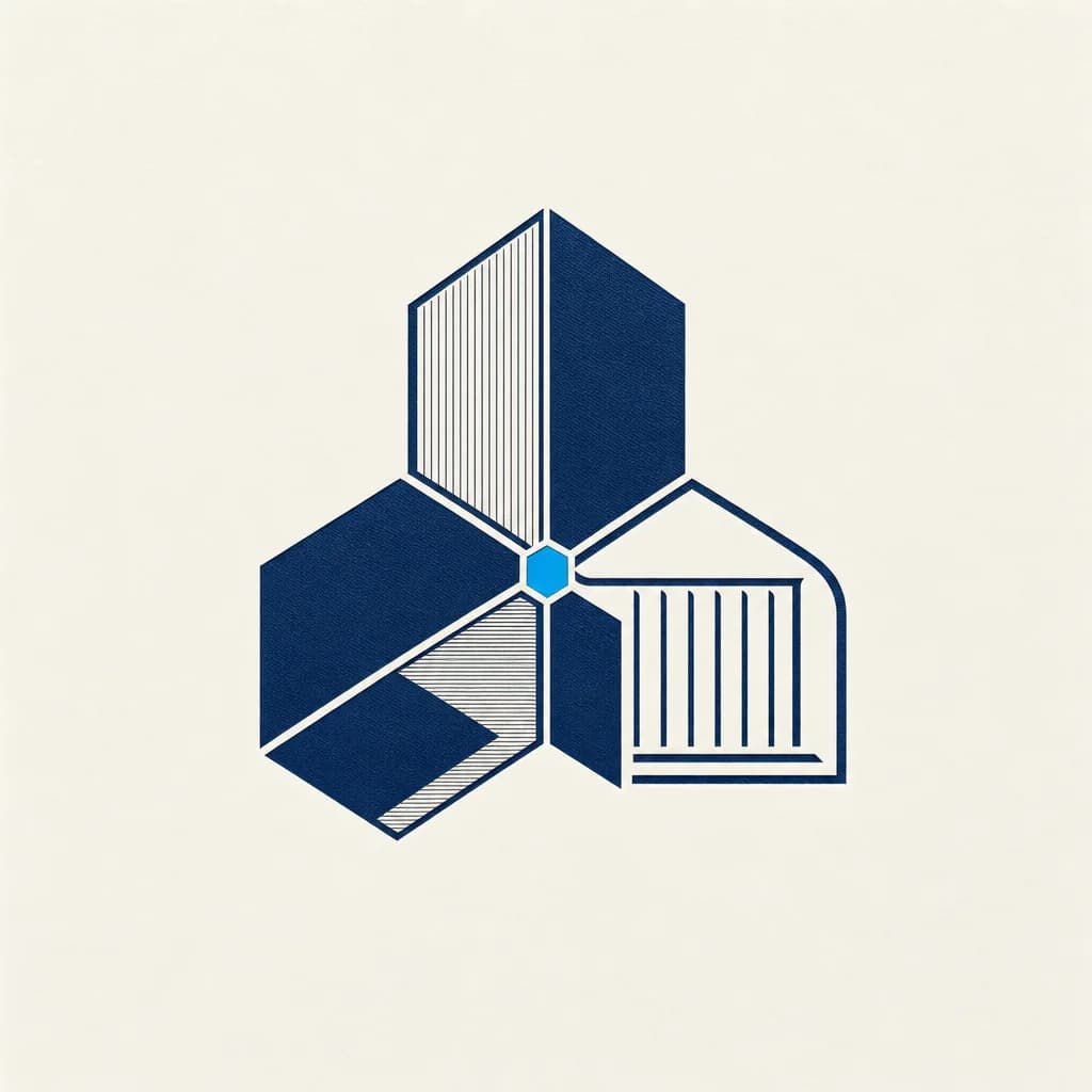 Three interlocking geometric forms representing M&A advisory, management consulting, and law, meeting at a single cyan node, for the partners who built Max Data together.