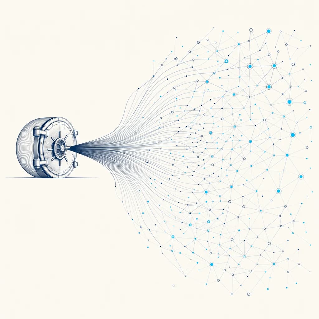 Abstract illustration of a private data vault unfurling into a wide constellation of connected company nodes, exclusive intelligence opened up to many.